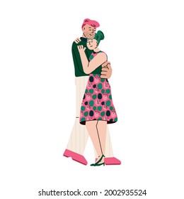 Young hugging couple cartoon characters in sketch style, vector illustration isolated on white background. Man and woman hug and express love and affection.
