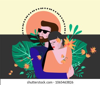 Young hugging couple on floral background