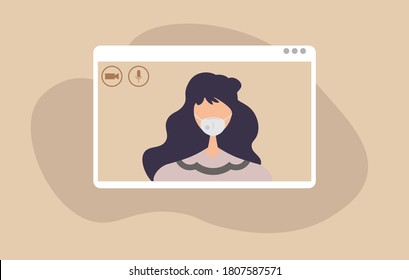 Personaje humano joven usando una interfaz de videollamada, reunión en línea remota, distanciamiento social, trabajo desde el diseño de vectores domésticos