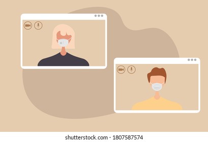 Young human character using a video call interface, remote online meeting, social distancing, working from home vector design