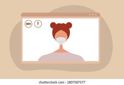 Young human character using a video call interface, remote online meeting, social distancing, working from home vector design