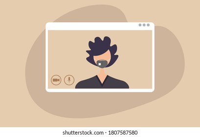 Young human character using a video call interface, remote online meeting, social distancing, working from home vector design