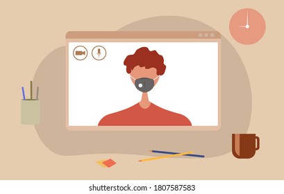 Personaje humano joven usando una interfaz de videollamada, reunión en línea remota, distanciamiento social, trabajo desde el diseño de vectores domésticos
