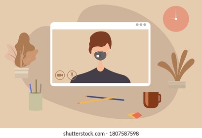 Young human character using a video call interface, remote online meeting, social distancing, working from home vector design