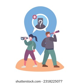 Young human resources employees holding spyglass and searching for new employees. Hiring manager occupation. Human resource management. Vector flat illustration in blue colors