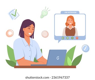 Young human resources manager sitting at table, talking with new candidate. Selection of candidates for vacancy. Interviewing concept. Flat vector illustration in cartoon style in blue colors