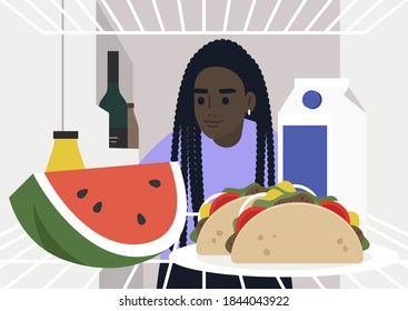 A young hungry female character looking into the fridge, lunch at home, a lockdown lifestyle