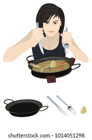 Young hungry happy girl going to eating tasty paella holds knife and fork. Paella illustration