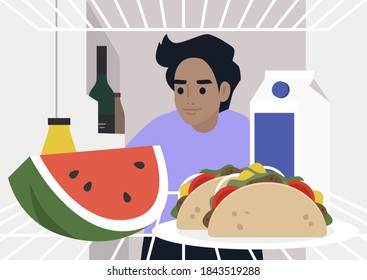 A young hungry male character looking into the fridge, lunch at home, a lockdown lifestyle