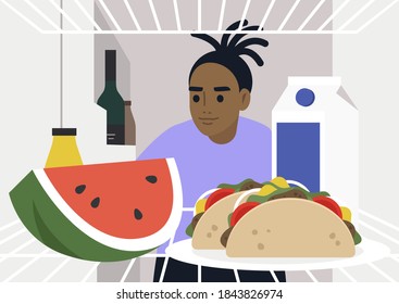 A young hungry male character looking into the fridge, lunch at home, a lockdown lifestyle