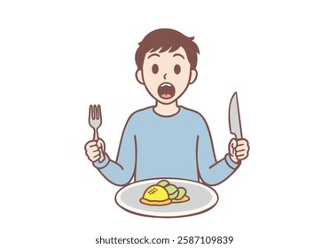  Young hungry man cartoon character with knife and fork in hands standing feeling shocked with tasty meal. Hand drawn style vector design illustrations.