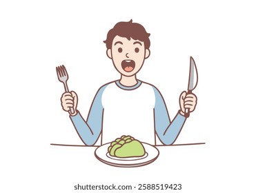  Young hungry man cartoon character with knife and fork in hands standing feeling shocked with tasty meal. Hand drawn style vector design illustrations.