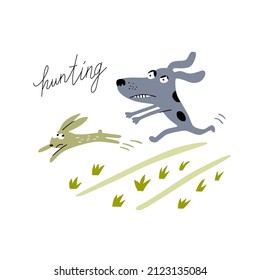 Perro de caza joven persiguiendo una liebre. Ilustración al estilo de las caricaturas. Diseño de imagen de clip EPS vectorial.