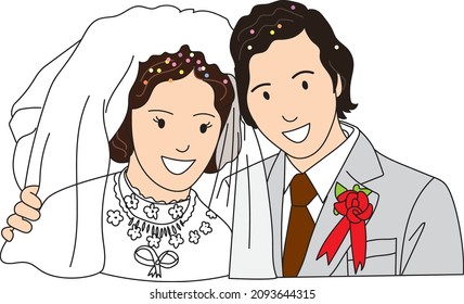 Young husband and wife on their wedding day. Happy couple face. Vintage cartoon style. Young couple. Everlasting love.