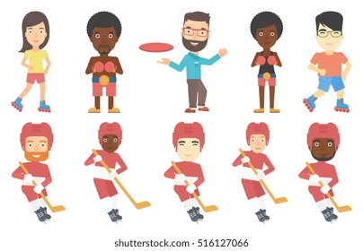 Young ice hockey player skating on ice rink. Happy ice hockey player with a stick and puck. Ice hockey player playing ice hockey. Set of vector flat design illustrations isolated on white background.