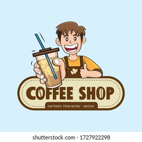 Young  Iced Coffee shop logo, cartoon character