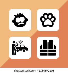 young icon. 4 young set with tired, car, life jacket and dog vector icons for web and mobile app