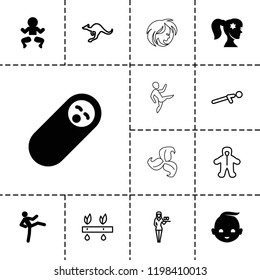 Young icon. collection of 13 young filled and outline icons such as newborn child, cangaroo, baby, casino girl, man doing exercises. editable young icons for web and mobile.