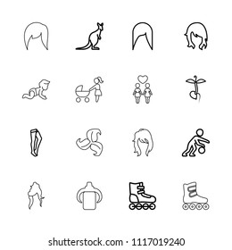 Young icon. collection of 16 young outline icons such as kangaroo, woman hairstyle, tights, roller skate, sprout, basketball player. editable young icons for web and mobile.