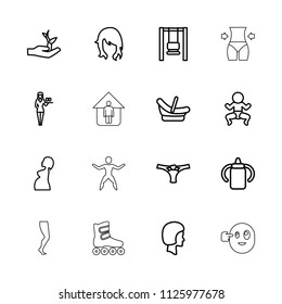 Young icon. collection of 16 young outline icons such as baby bottle, baby basket, woman hairstyle, casino girl, newborn child, swing. editable young icons for web and mobile.