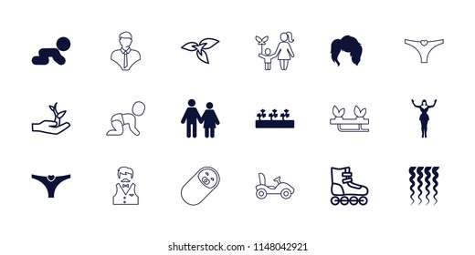 Young icon. collection of 18 young filled and outline icons such as couple, crawling baby, sprout plants, dancing woman, plant. editable young icons for web and mobile.