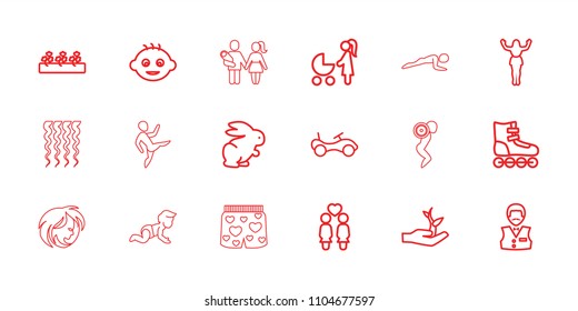 Young icon. collection of 18 young outline icons such as rabbit, baby, bike, casino boy, woman with baby carriage, roller skate. editable young icons for web and mobile.
