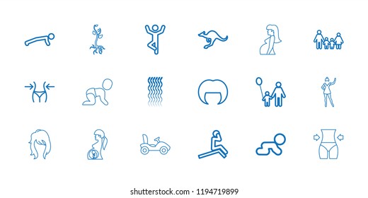 Young icon. collection of 18 young outline icons such as kangaroo, curly hair, woman hairstyle, slim, family, father and son. editable young icons for web and mobile.