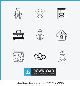 Young icon. collection of 9 young outline icons such as baby walker, baby, man in home, swing, bust, man doing exercises, couple. editable young icons for web and mobile.