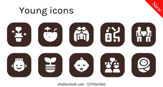  young icon set. 10 filled young icons. Simple modern icons about  - Plant, Coconut water, Wig, Dancer, Couple, Girl, Baby