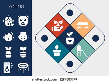  young icon set. 13 filled young icons. Simple modern icons about  - Plant, Selfie, Trampoline, Baby, Girl, Panda bear, Fitness step, Planting, Plants, Playground
