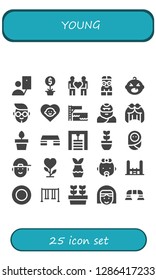  young icon set. 25 filled young icons. Simple modern icons about  - Selfie, Plant, Couple, Nerd, Baby, Boy, Trampoline, Troglodyte, Wig, Plants, Fitness step, Gym station, Frisbee