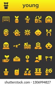 young icon set. 26 filled young icons.  Simple modern icons about  - Swings, Plant, Childhood, Dancer, Nun, Baby, Girl, Makibishi, Headband, Roller skate, Troglodyte, Sprout, Hair mask