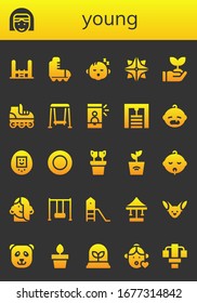 young icon set. 26 filled young icons.  Simple modern icons such as: Trampoline, Nun, Roller skate, Baby, Makibishi, Sprout, Swing, Selfie, Gym station, Tamagotchi, Frisbee, Plant