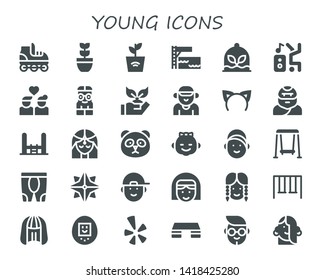 young icon set. 30 filled young icons.  Collection Of - Roller skate, Plant, Trampoline, Dancer, Couple, Nerd, Planting, Boyfriend, Headband, Troglodyte, Girl, Panda, Swing, Leggings