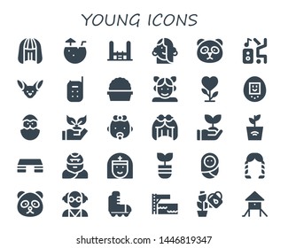 young icon set. 30 filled young icons.  Simple modern icons about  - Wig, Coconut water, Trampoline, Girl, Panda, Dancer, Fennec, Baby monitor, Plant, Tamagotchi, Chick, Planting