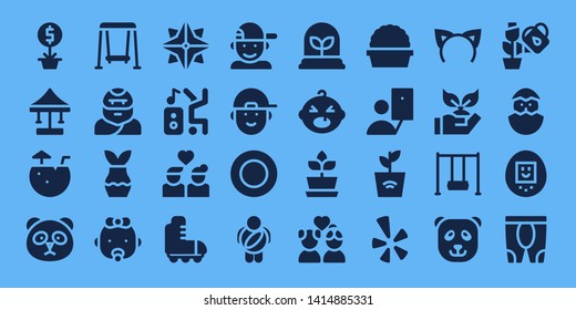 young icon set. 32 filled young icons. on blue background style Collection Of - Plant, Swing, Coconut water, Panda, Troglodyte, Baby, Makibishi, Dancer, Couple, Roller skate, Boy