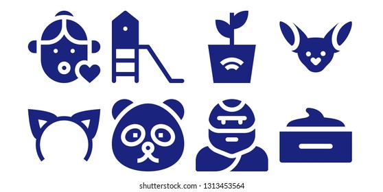 young icon set. 8 filled young icons.  Simple modern icons about  - Headband, Girl, Panda bear, Playground, Troglodyte, Plant, Hair mask, Fennec
