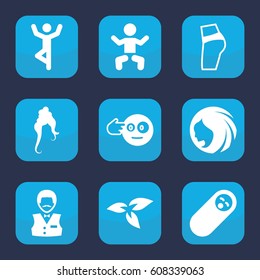 Young icon. set of 9 filled young icons such as plant, baby, woman hairstyle, Casino boy, head bang emot, newborn child, booty fitness