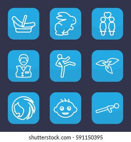 young icon. Set of 9 outline young icons such as plant, rabbit, baby, baby basket, woman hairstyle, Casino boy, push up, women couple