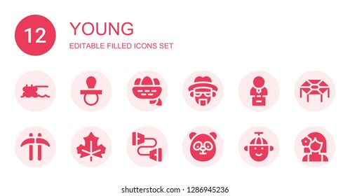 young icon set. Collection of 12 filled young icons included Trampoline, Pacifier, Nest, Heisenberg, Bust, Kusarigama, Leaf, Chest expander, Panda, Boy, Girl