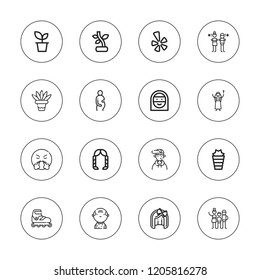 Young icon set. collection of 16 outline young icons with angry, arab woman, argument, boy, hairstyle, family, grandfather, nun, pregnant, plant, roller skate, wig icons.