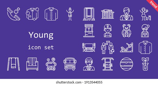 young icon set. line icon style. young related icons such as gym station, sofa, woman, sprout, doorman, librarian, girl, clerk, swing, shirt, venus, roller coaster, well, phone call, school bus