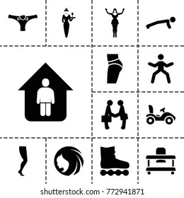 Young icons. set of 13 editable filled young icons such as woman hairstyle, roller skate, man doing exercises, panties with heart, businessman shaking hands, dancing woman
