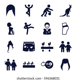 young icons set. Set of 16 young filled icons such as kangaroo, woman hairstyle, Casino boy, head bang emot, sprout plants, underwear with heart, pregnant woman