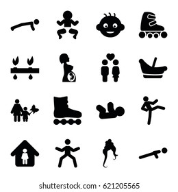 Young icons set. set of 16 young filled icons such as baby, baby basket, woman hairstyle, man in home, push up, couple, pregnant woman, skate rollers, plant, mother and son