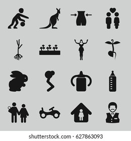 Young icons set. set of 16 young filled icons such as rabbit, kangaroo, baby bottle, bike, slim, Casino boy, man in home, sprout plants, sprout, couple, dancing woman