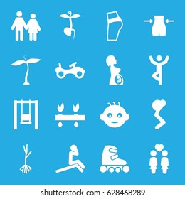 Young icons set. set of 16 young filled icons such as plant, baby, bike, slim, sprout, women couple, pregnant woman, skate rollers, swing, couple, booty fitness