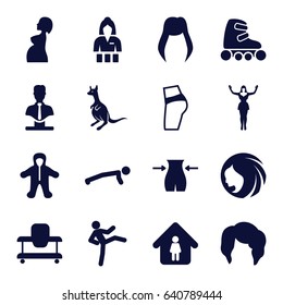 Young icons set. set of 16 young filled icons such as kangaroo, baby walker, baby, woman hairstyle, slim, casino girl, man in home, bust, pregnant woman, dancing woman