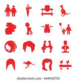 Young icons set. set of 16 young filled icons such as rabbit, kangaroo, baby walker, woman hairstyle, hairstyle, slim, casino girl, bust, pregnant woman