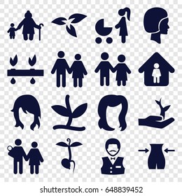 Young icons set. set of 16 young filled icons such as plant, woman hairstyle, hairstyle, slim, casino boy, man in home, sprout, face, plant on hand, couple